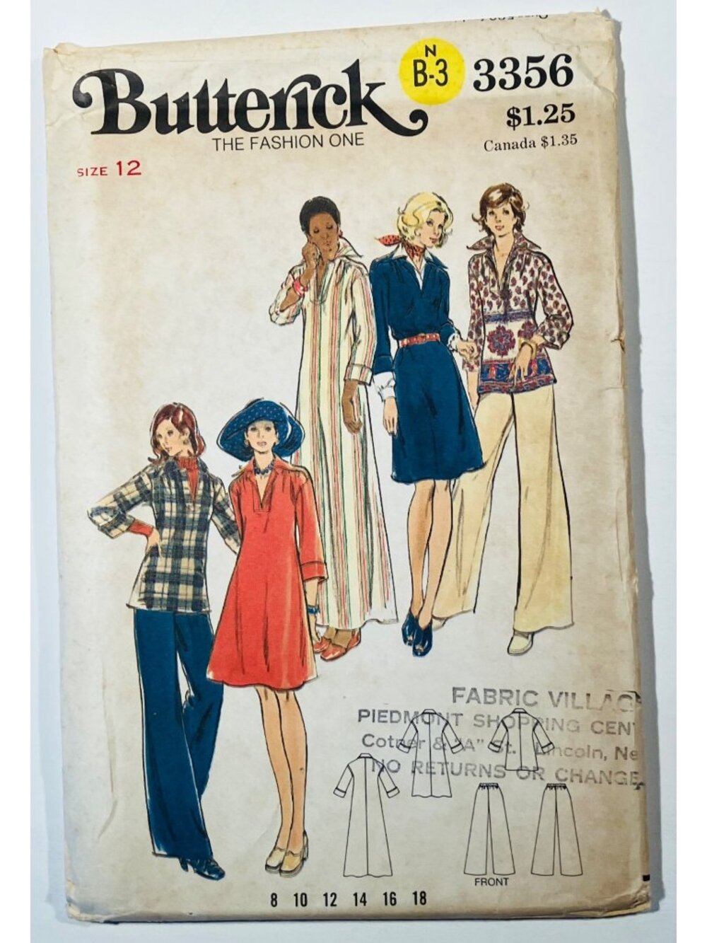 70s Butterick 3356 B34 Caftan Kimono Sleeve Dress Top Wide Leg Pants Pattern FF